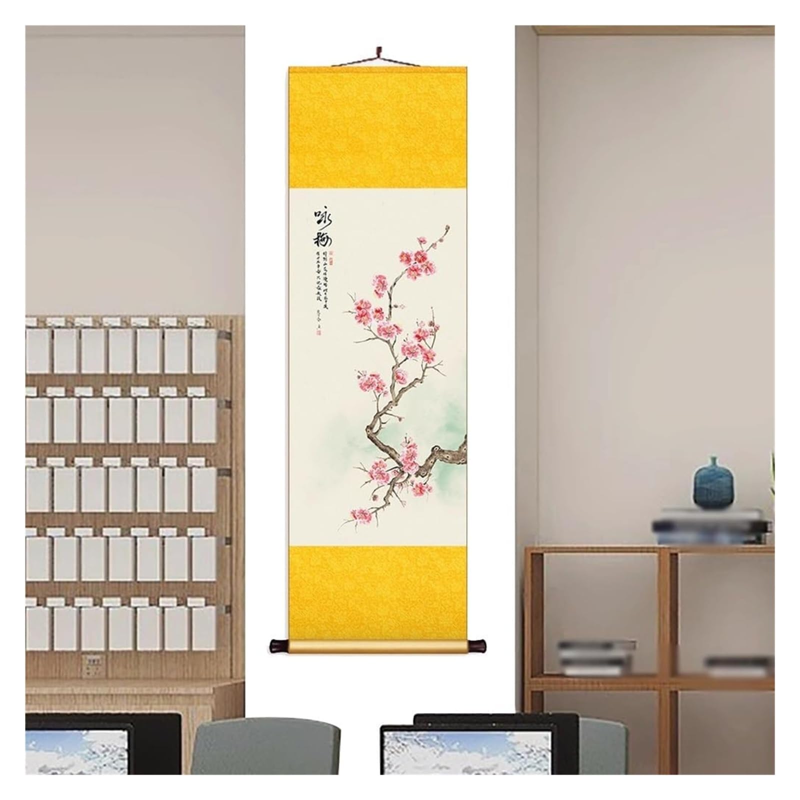 Chińskie malarstwo z motywem kwiatów i ptaków, elegancka orientalna dekoracja ścienna z jedwabiu na tło korytarza, gotowa do powieszenia na prezent(Yellow B,40L x 128W cm)
