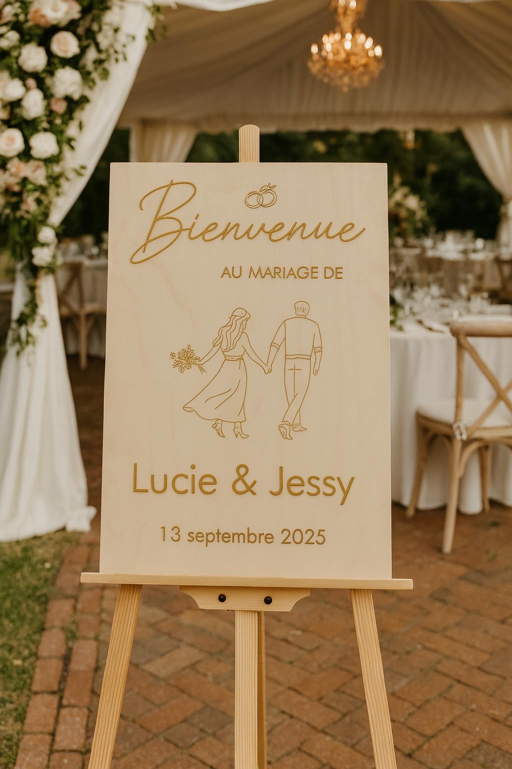 Willkommensschild für Hochzeit, personalisierbar, aus Holz, Kirschbaum, Ahornholz, Roségold, Champagner-Gold, Naturholz, 50 x 60 cm