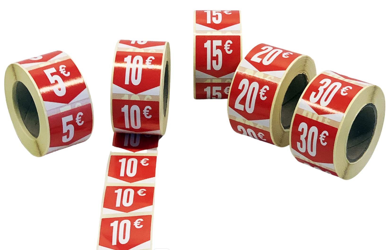30212 - Lot de 2500 stickers - 5 rouleaux de 500 étiquettes autocollantes - Format carré 35x35mm -5€-10€-15€-20€-30€