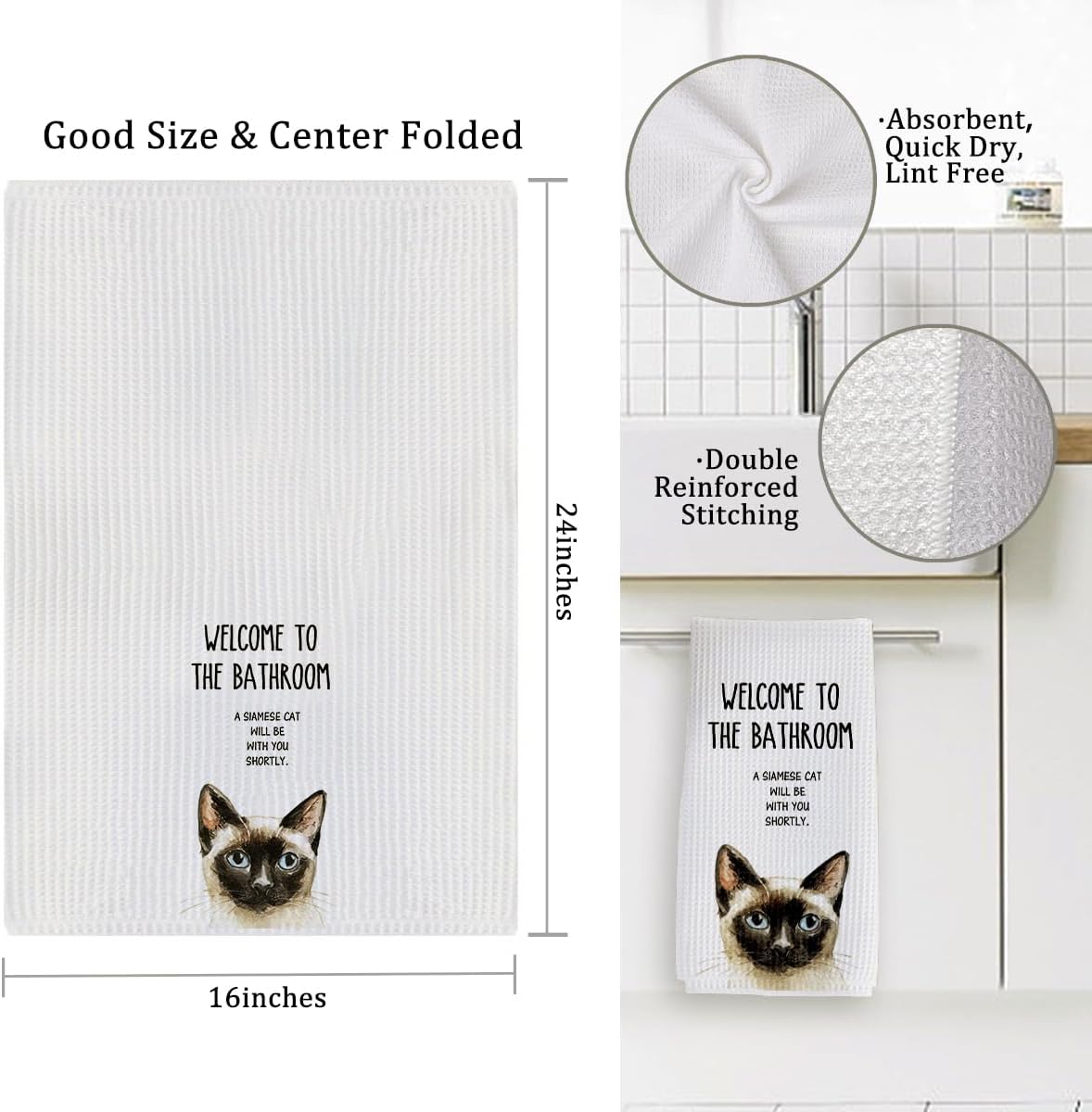 XUISWELL974 Siamese Cat Mom Lady Lovers Gifts for Women, Funny Welcome to The Bathroom A Siamese Cat Will Be with Hand Towels for Decor, 16x24 Inches - Image 2