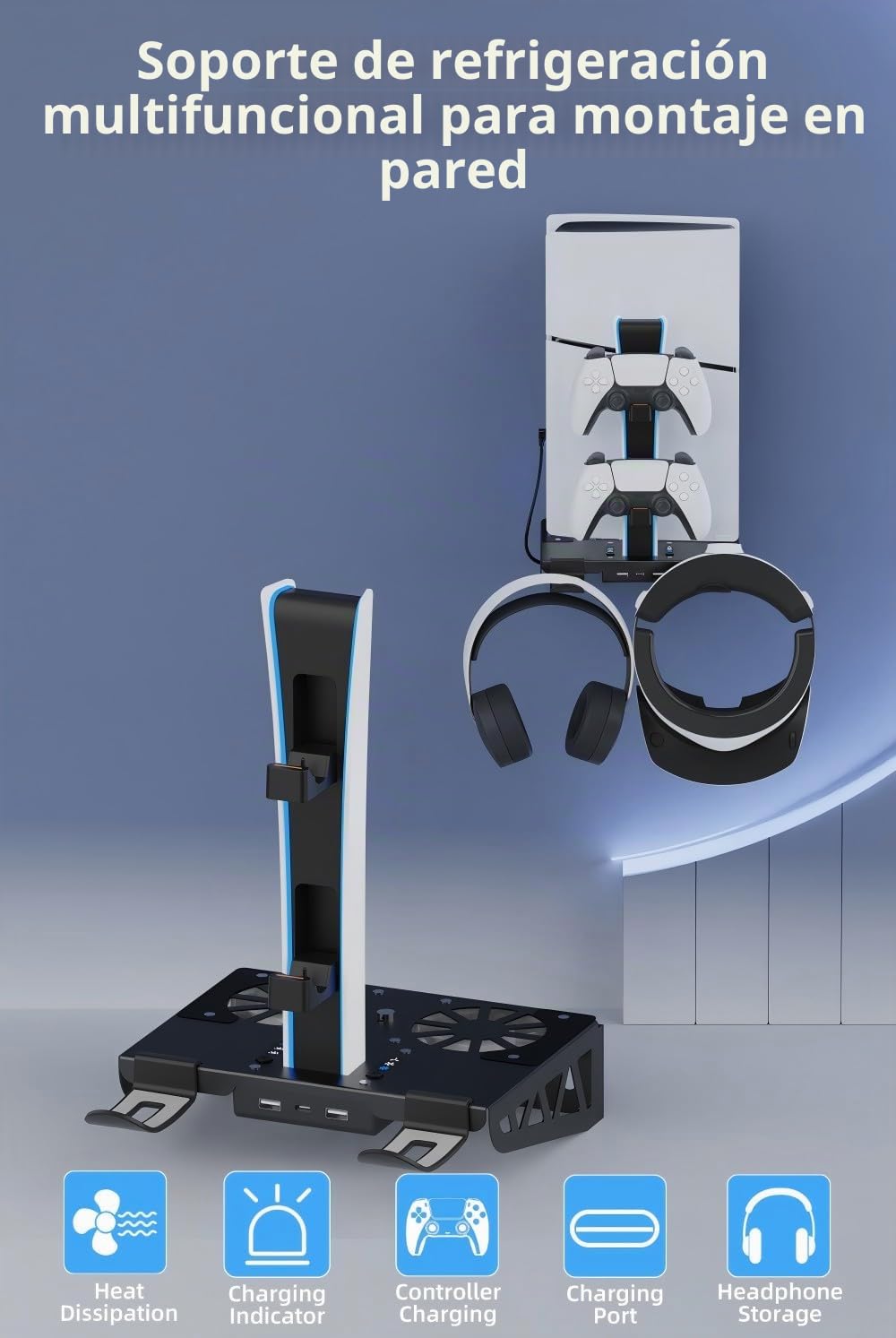 Soporte de pared para PS5 Pro/Slim con estación de carga, soporte con cargador de controlador dual y colgador de auriculares y accesorios de ventilador silencioso de 3 niveles