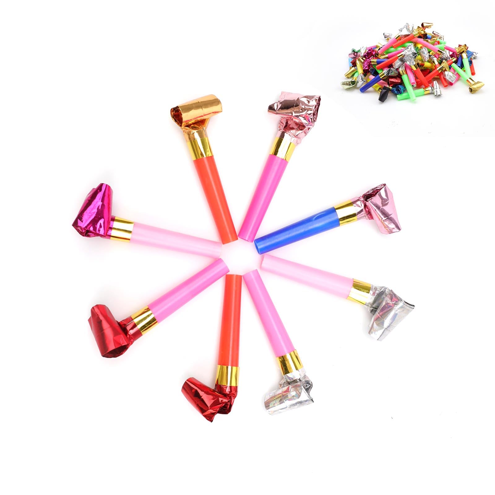 HJIAMA Trompeta de Fiesta 100 Piezas, Bolsa Dde Papel Auto-Rebotante Silbatos para Fiestas de Cumpleaños, Silbatos de Cumpleaños Multifuncional, Usada para Cumpleaños, Fiestas, Navidad