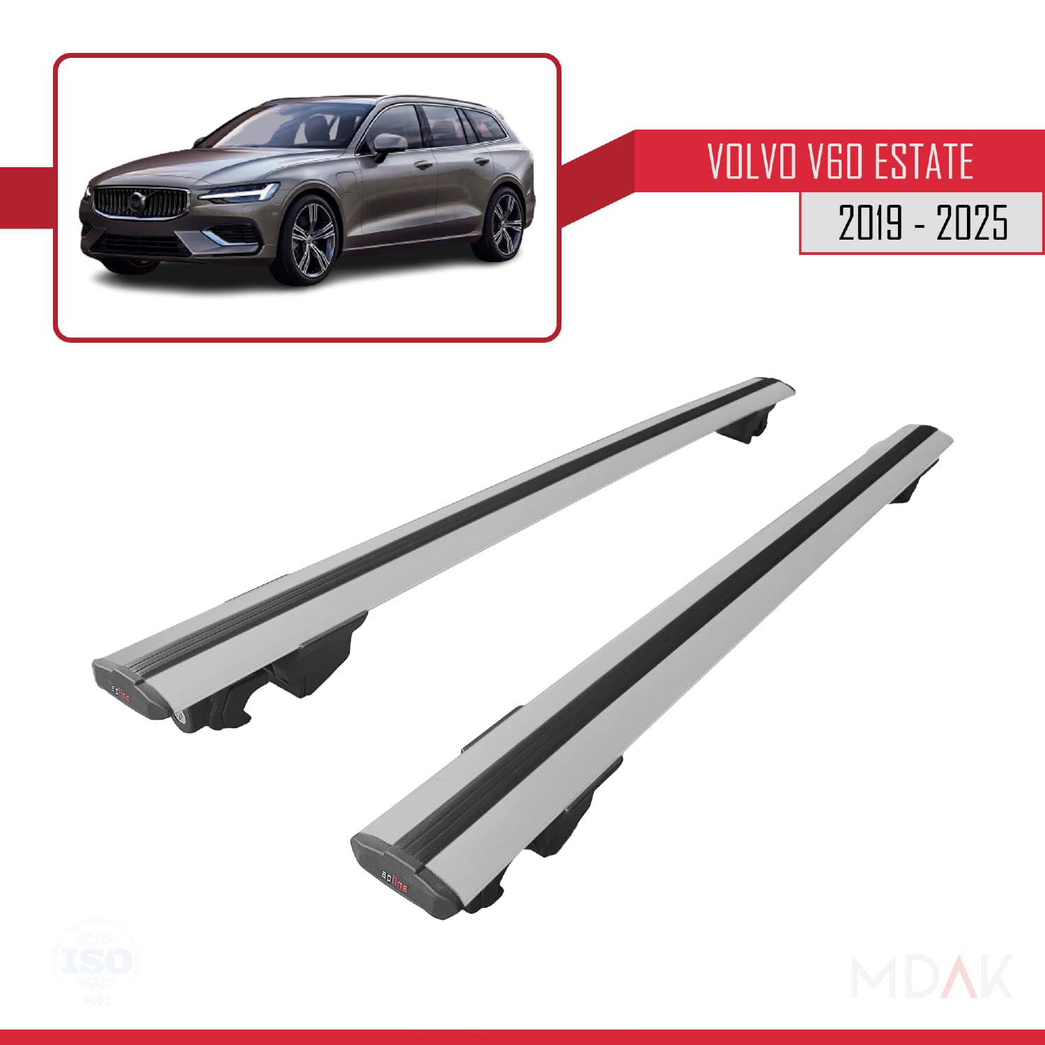 MDAK Compatible con Volvo V60 II 2019-2025 Hook Model Barras de Techo Auto Portaequipajes Barras Transversales Gris Aluminio 2 Barras