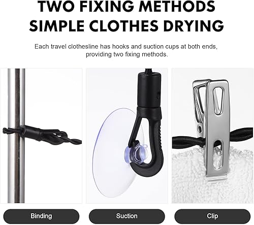 Miniatura 8 de Alipis Tendedero de viaje retráctil portátil con ventosas, línea de ropa de camping con 8 clips para ropa