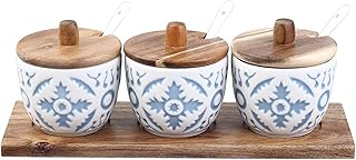 OMVOVSO Set di 3 barattoli di spezie in Ceramica, Sale con Cucchiaio e bambù Intagliato Zucchero Ciotola da Cucina spezie Occhiali, Contenitore Spezia per Sale Che Serve spezie Peperoncino,Marrone