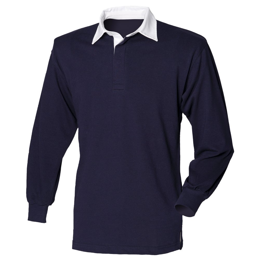 Front Row Men's Navy/ White Long Sleeve Plain Rugby Shirt L