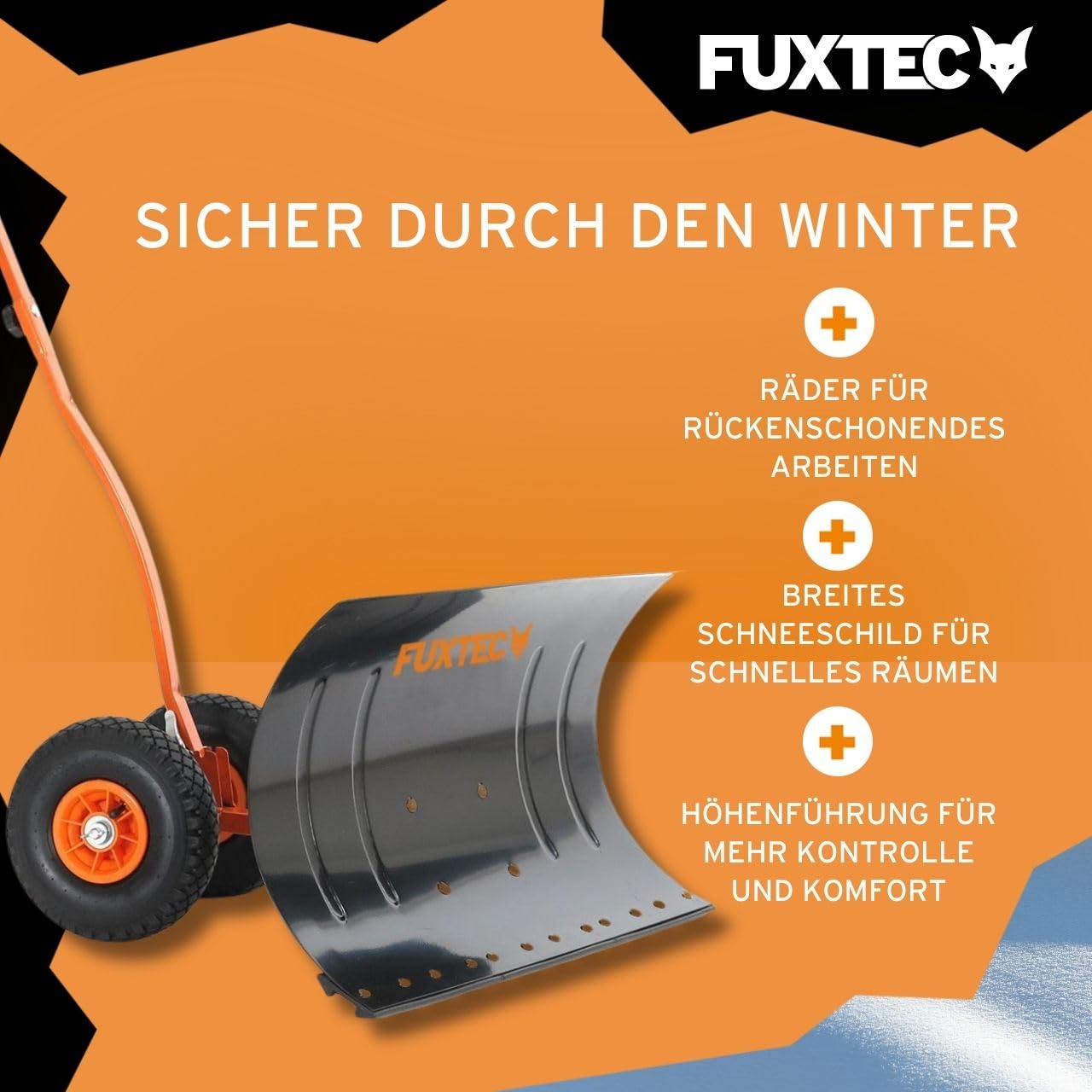 FUXTEC Schneeschaufel auf Rädern FX-SS740, höhenverstellbar - komfortables Schneeräumen, rückenschonender Schneeschieber, Schneeschild 75 cm Arbeitsbreite-Höhe 42 cm, platzsparend da zusammenklappbar