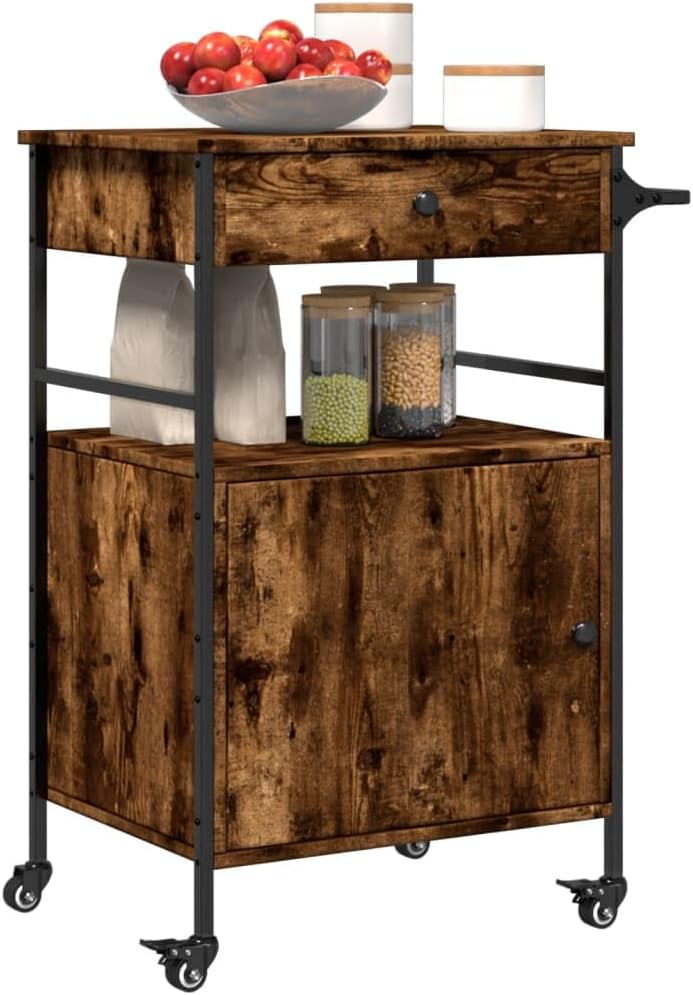 Kitchen Trolley Smoked Oak Engineered Wood 22"x16.9"x35.2" Rolling Kitchen Cart with Wheels, Kitchen Storage Cart, Mobile Food Cart, Durable Serving Cart, Kitchen Island Cart