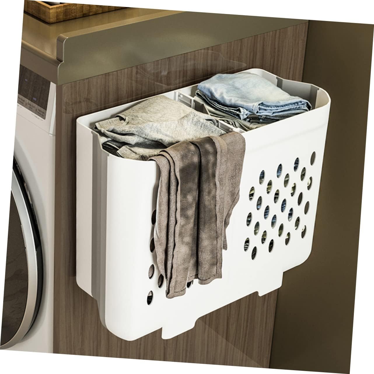 Wall Mount Laundry Basket Foldable Large Double Compartment Space Saving Collapsible Clothes Hamper for Bathroom Nursery Wall Hanging Organizer for Dirty Clothes and Storage