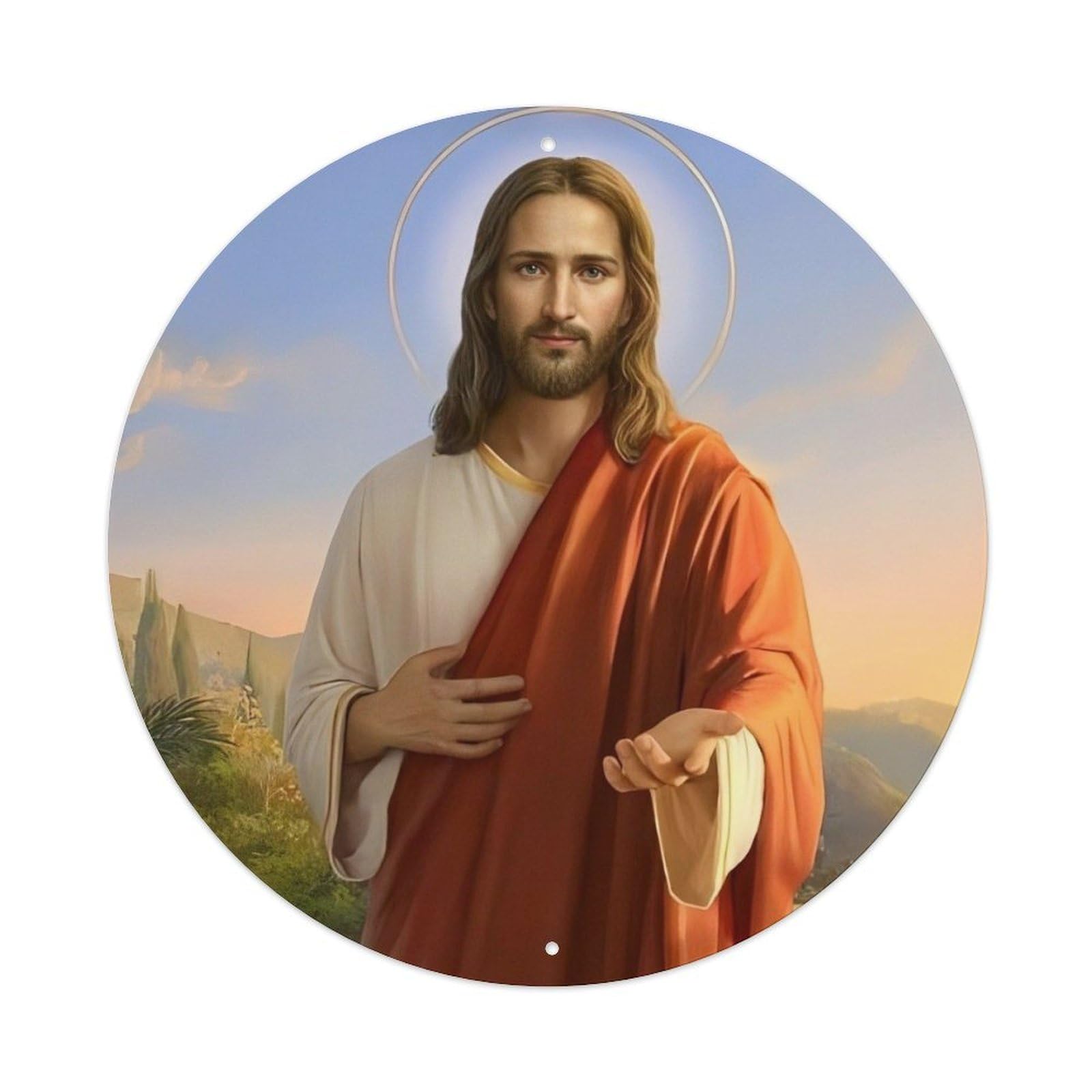 Christianity Jesus Religious Poster 5 Vintage Metal Tin Sign Plaque Wall Decor for Cafe, Club, Garden Round Metal Poster 8x8Inch