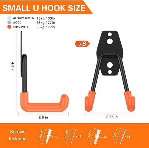 Miniatura 9 de Paquete de 6 ganchos de garaje resistentes, ganchos de almacenamiento de garaje de acero utilitario, colgador de garaje de montaje en pared y