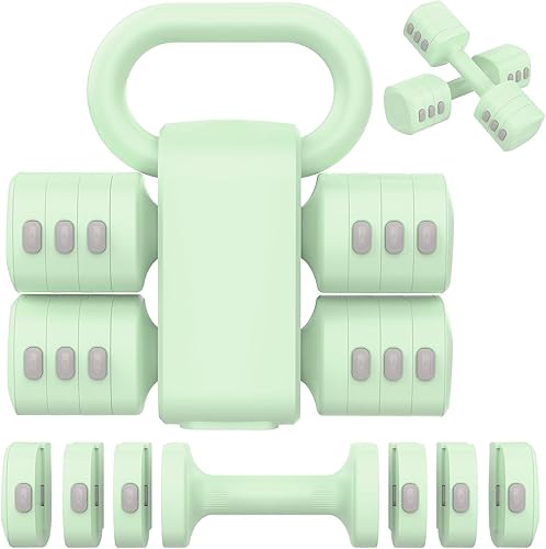 Hezeyferg 2-in-1 Adjustable Dumbbells Set, 4 Levels Weight Dumbbells Set for Women Men, Each 2.2/3.3/4.4/5.5lb Hand Weights with Kettlebell Form for Home Gym Exercise Training (Green)