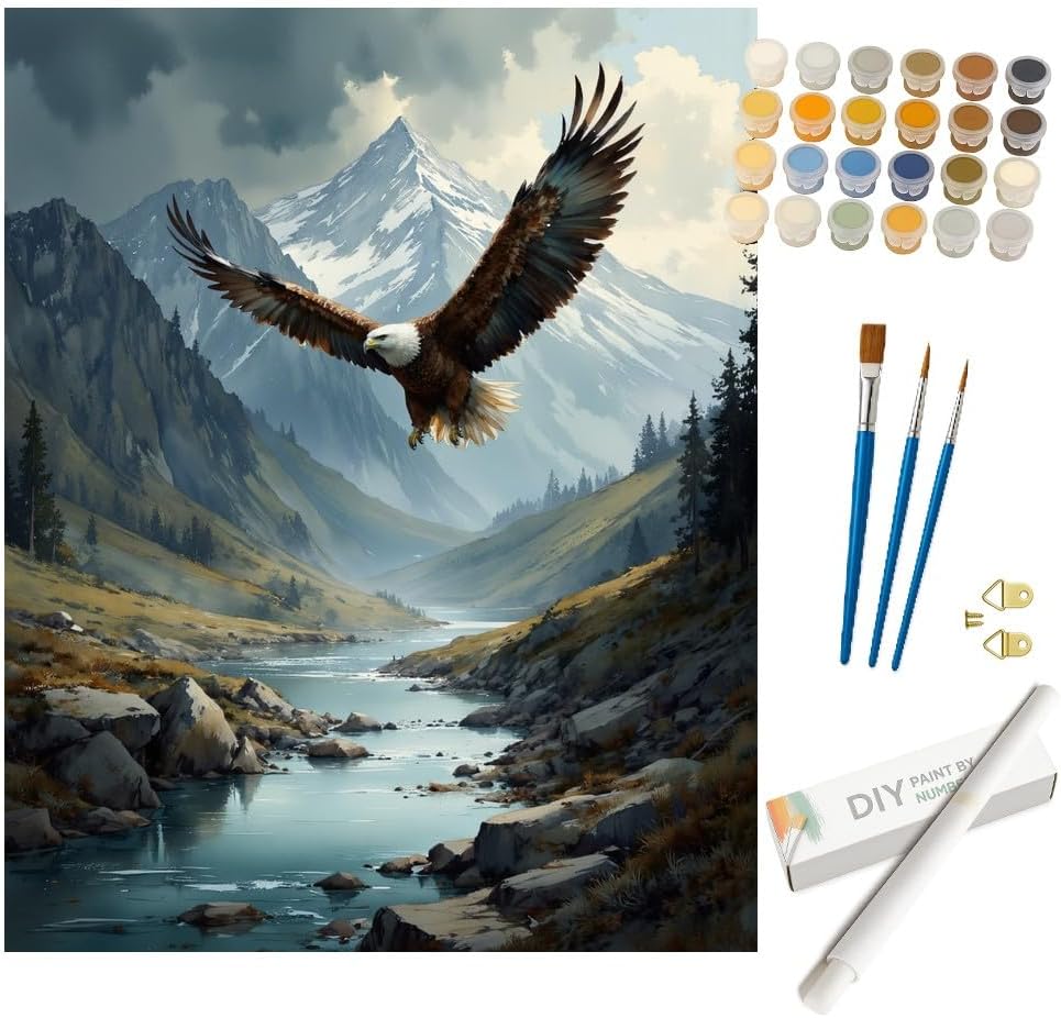 Eagle Soaring Paint by Numbers Kit for Adults - DIY Wildlife Painting on Canvas, Acrylic Paint Set, Suitable for Beginners, Perfect for Home Decoration or Gifts.(12X16IN Framed)