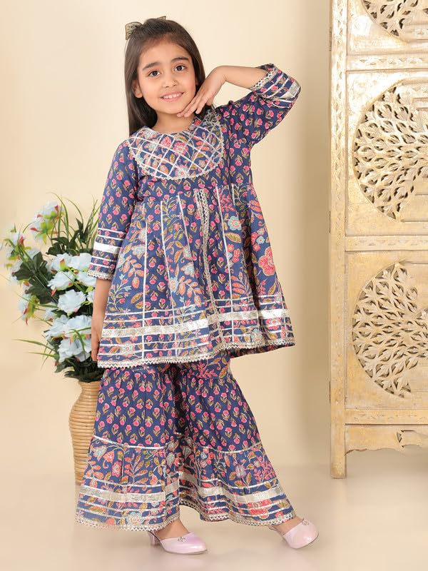 Image of superminis Girls Cotton Floral Printed Gotta Work 3 /4 Sleeves Flared Design Kurti & Sharara Set