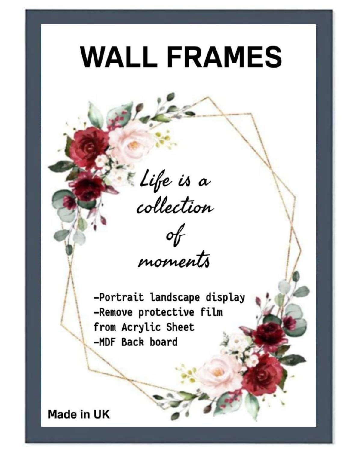 Home Plus Dealz Dark Grey Wall Photo Frame 60 x 60 cm For Display Poster Print Picture With HD Clear Aclyric Front 30x15mm Moulding Metal Hooks MDF Wood