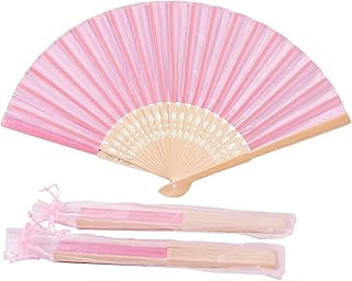 Sepwedd 50pcs pink Imitated Silk Fabric Bamboo Folded Hand Fan Bridal Dancing Props Church Wedding Gift Party Favors with gift bags