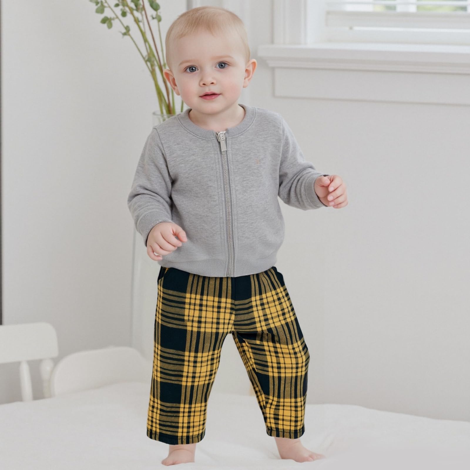 Toddler Baby Boy Girl Gingham Pants Retro Flannel Plaid Pants Fall Winter Elastic Waist Long Trousers with Pockets (Yellow, 4-5 Years)