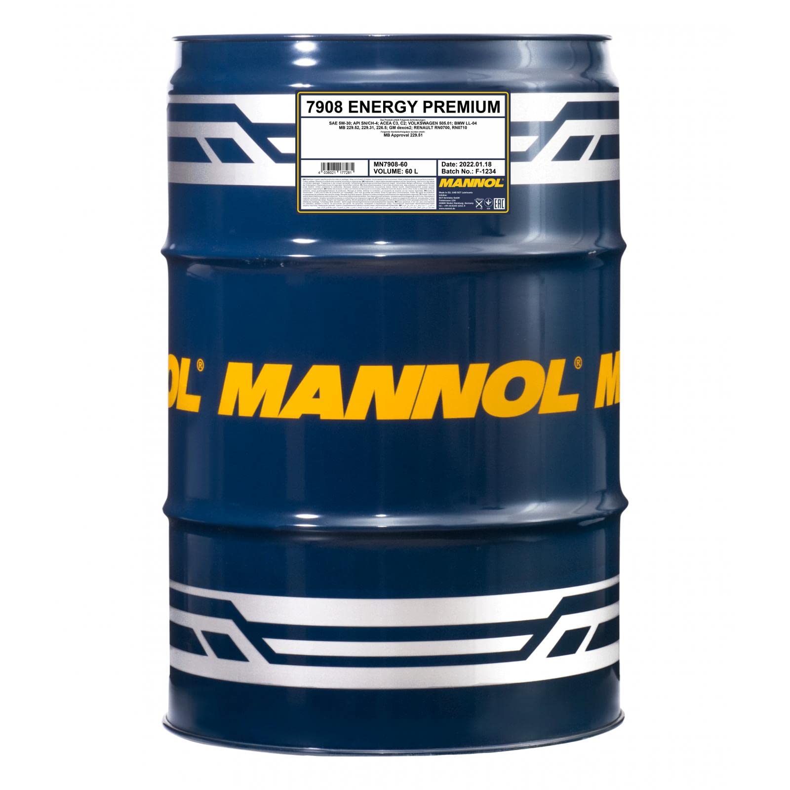 MANNOL Aceite de motor 5W-30 ENERGY PREMIUM Aceite sintetico ACEA C3 ACEA C2 API CH-4 API SN 60L Compatible con VW Polo V Hatchback 6R1, 6C1 up! Hatchback 121, 122, BL1, BL2, BL3, 123, TOYOTA, OPEL