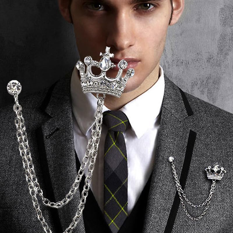 Image of coadipress Crown With Hanging Chain Brooch for Women Men Elegant Gentlemen Gold Silver Crystal Crown Lapel Pin Vintage Rhinestone Wedding Brooch Suit Shirt Pin Accessories