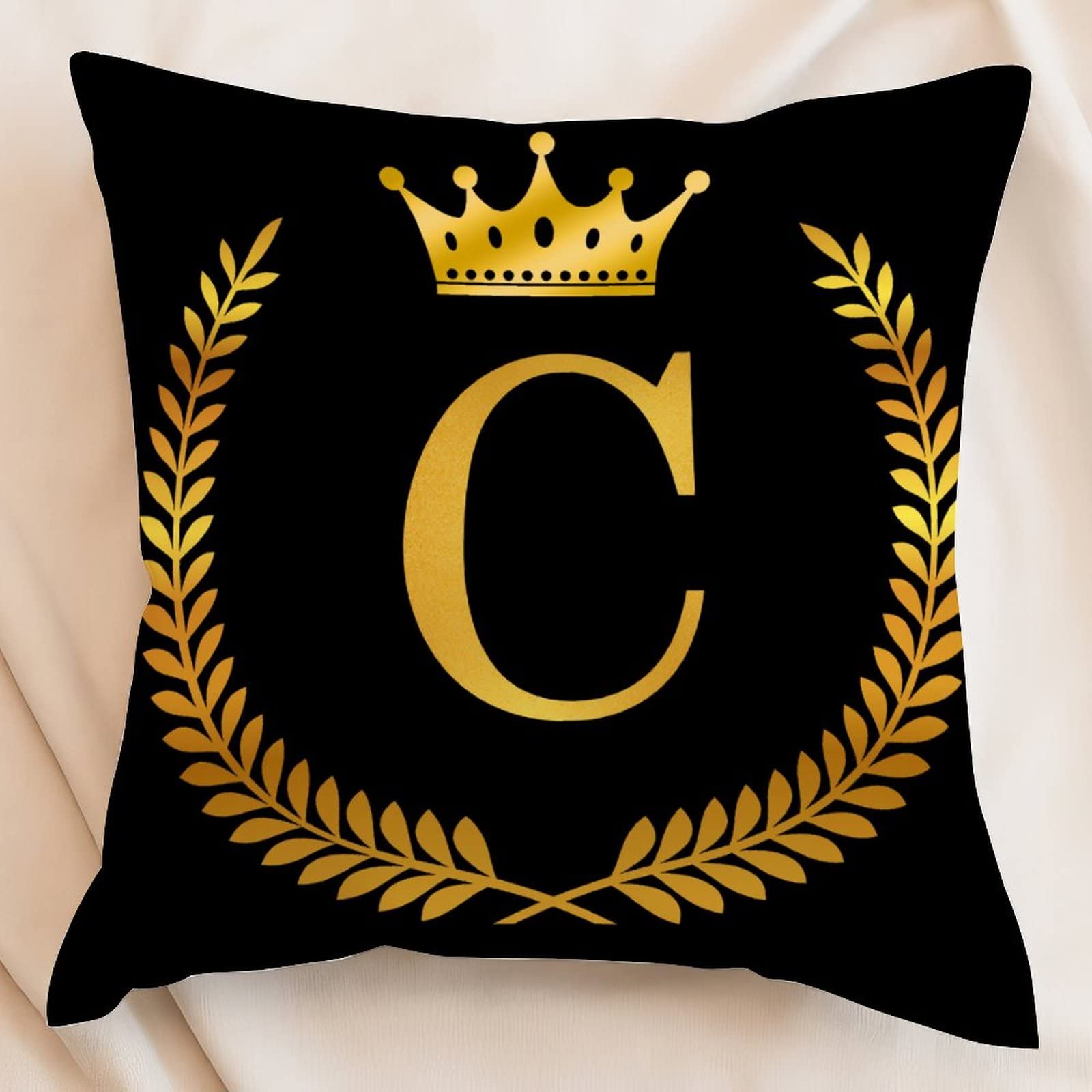 Golden Olive Branch Wreath Decorative Throw Pillow Case 18x18 Inch, Initial Letter C with Crown Pillow Cover, A-Z Letter Farmhouse Cushion Cases for Sofa Couch Home Decoration