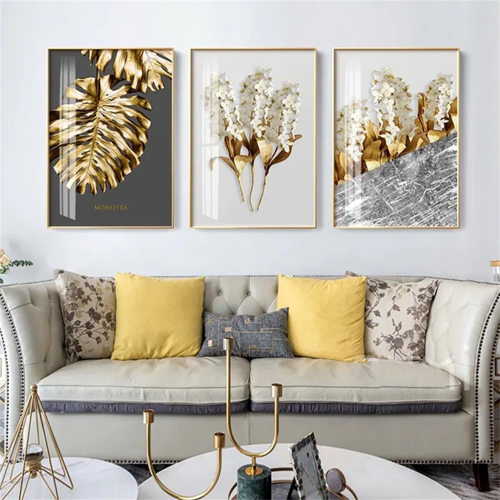 WBYZAC Wall Pictures-Modern with Golden Leaf Abstract Canvas Wall Art Poster Nordic Feather Prints for Living Room Kitchen Office Decor-30 * 50cm*3PCS (No Frame)