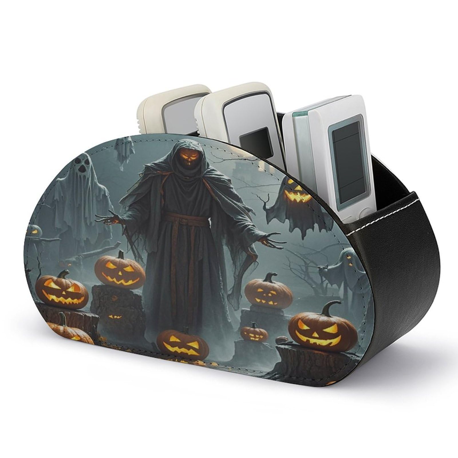 LZQPOEAS Grim Reaper Remote Control Holder with 5 Compartments PU Leather Remote Organizer Box Caddy for Table Nightstand Remote Caddy Desktop Organizer Fits Media Controllers