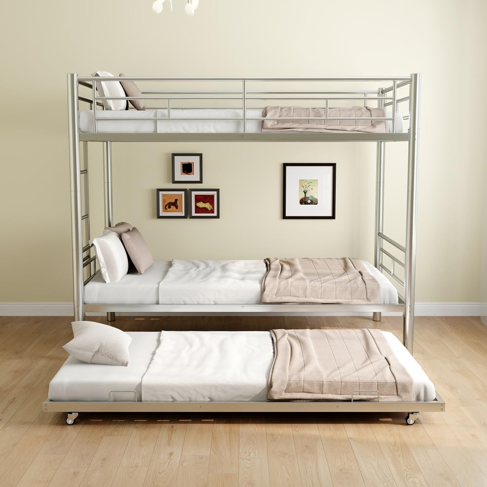 AYUYK Twin Over Full Bunk Bed, 3 in 1 Triple Bunk Beds, Sturdy Steel Triple Bunk Beds Frame with Guardrails and Strong Ladders, Metal Bunk Bed for