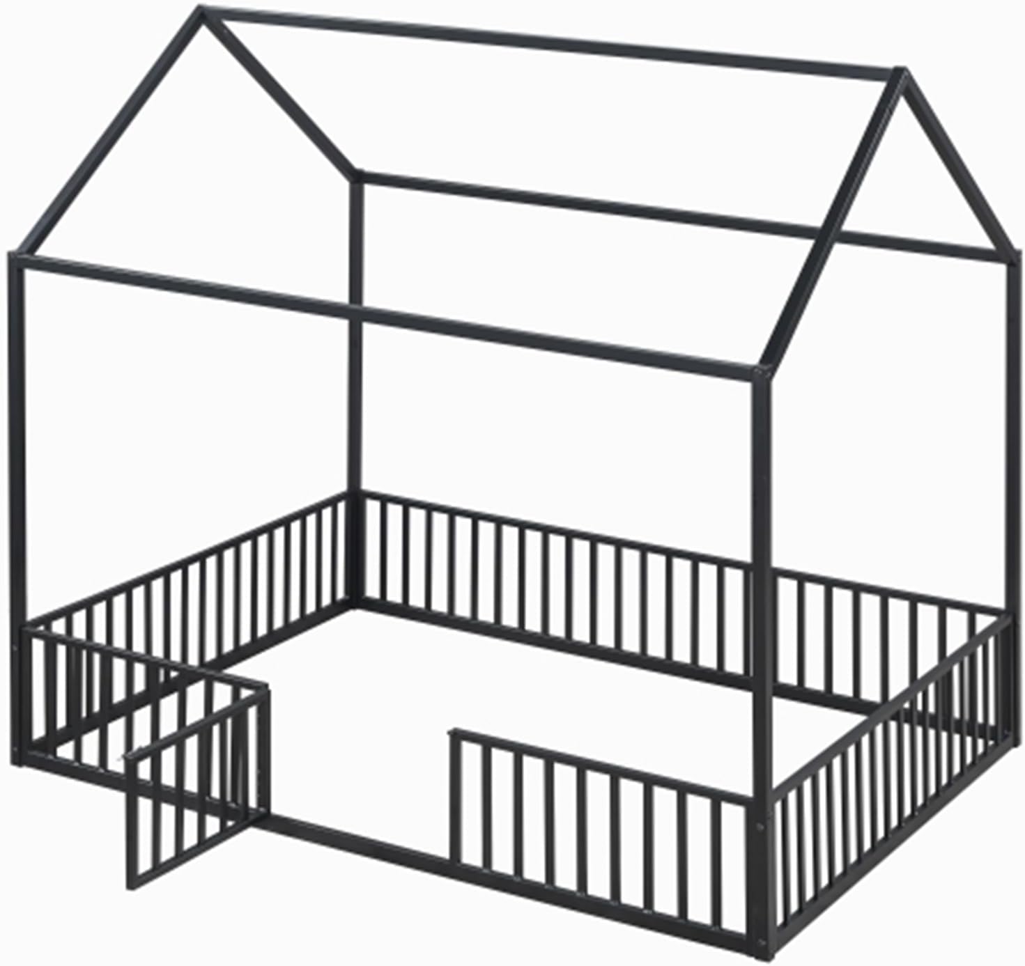 Minimalist Full Size Metal House Style Canopy Bed with guardrails and Door, Black