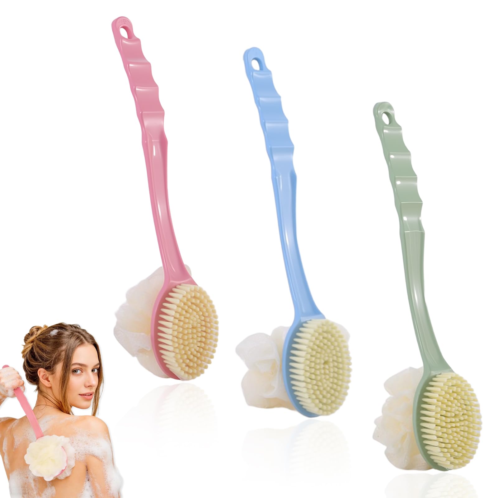 Zestaw 3 szczotek do pleców z długim trzonkiem 35 cm, szczotka prysznicowa do pleców z włosiem i loofah, szczotka do kąpieli z długim trzonkiem, szczotka do pleców dla seniorów i mężczyzn i kobiet