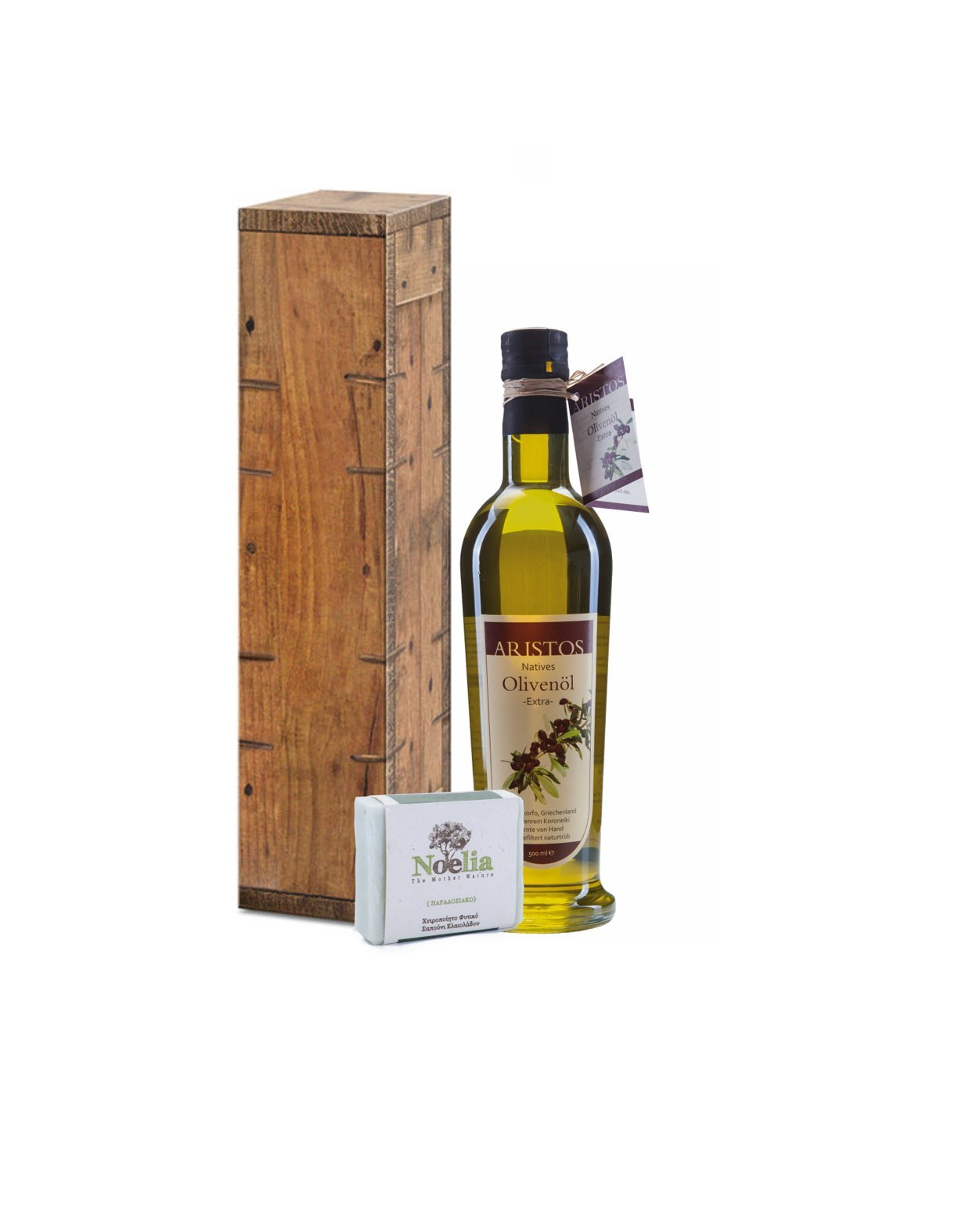 Olivenöl-Geschenk kaltgepresstes griechisches Olivenöl + Olivenölseife im Geschenkkarton "Holz" 500ml | ARISTOS
