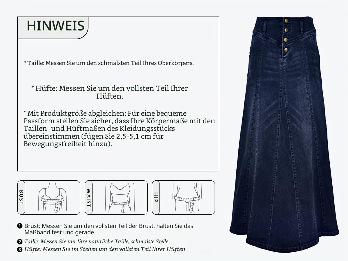 Chartou A-Linien-Maxirock aus Denim für Damen, Retro-Stil, mit Knopfleiste und verpacktem Hüftbereich