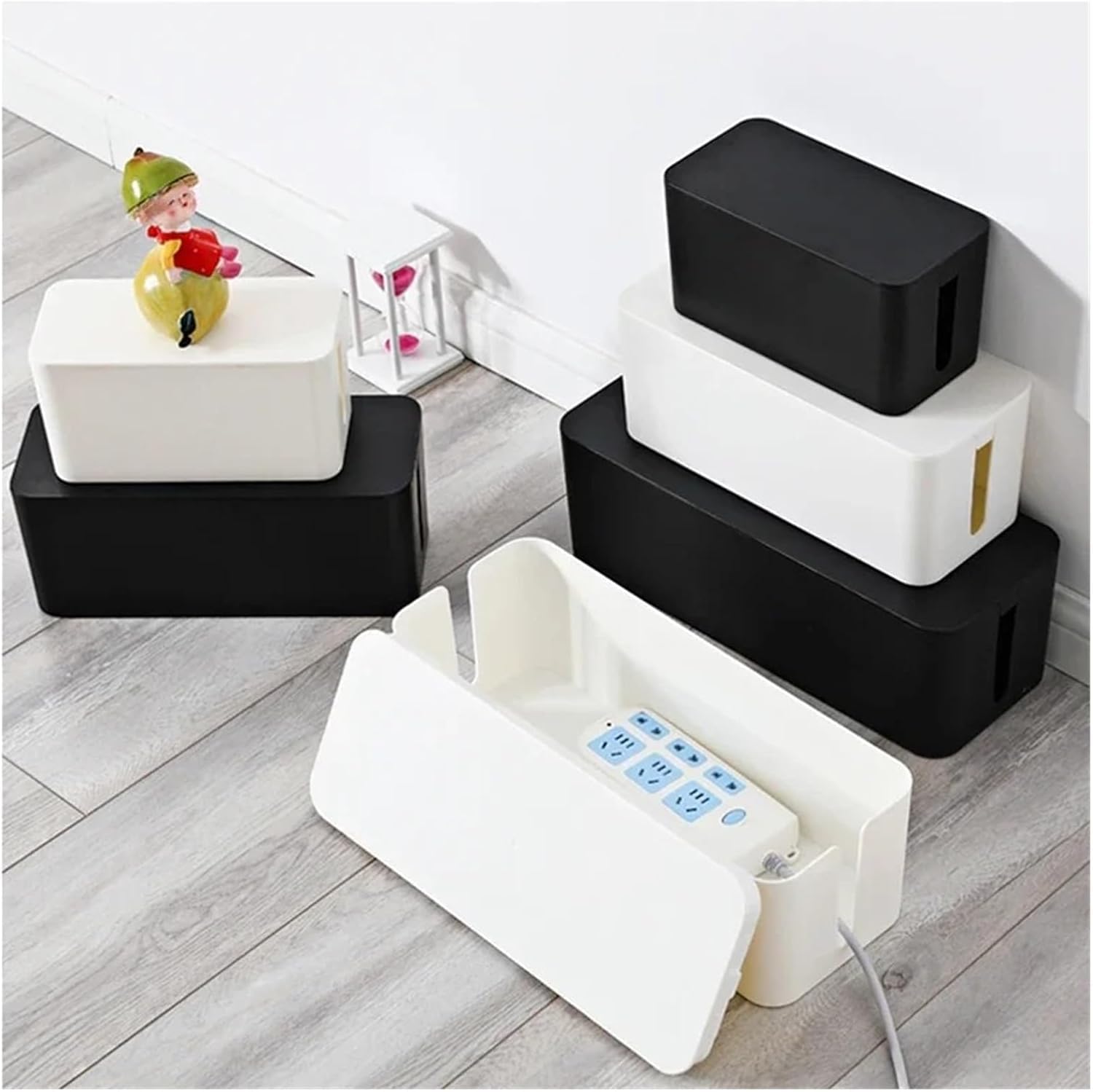 Caja organizadora de cables, Caja de almacenamiento práctica for cables alimentación, con diseño cubierta extraíble, color blanco y negro