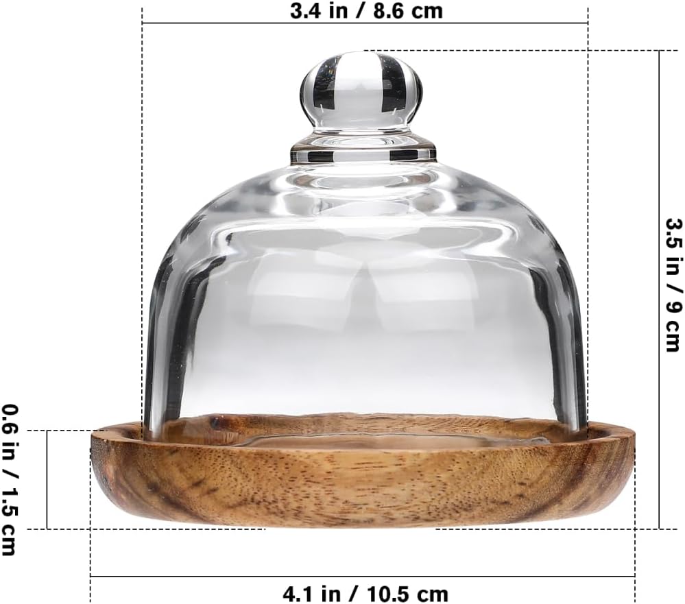 Yardwe 2 Pack Mini Cake Stand with Glass Dome Lid - 3.4" Small Dessert Dome Wood Base - Cupcake Cloche Cover for Pastries Cheese Charcuterie - Clear Glass Plate Server for Individual Portion Display