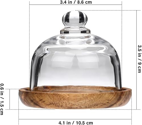 Vista 3 de Yardwe 2 Pack Mini Glass Dessert Dome with Wooden Base - 3.4 Inch Cake Stand with Clear Glass Cover for Cupcakes Pastries Candy Display