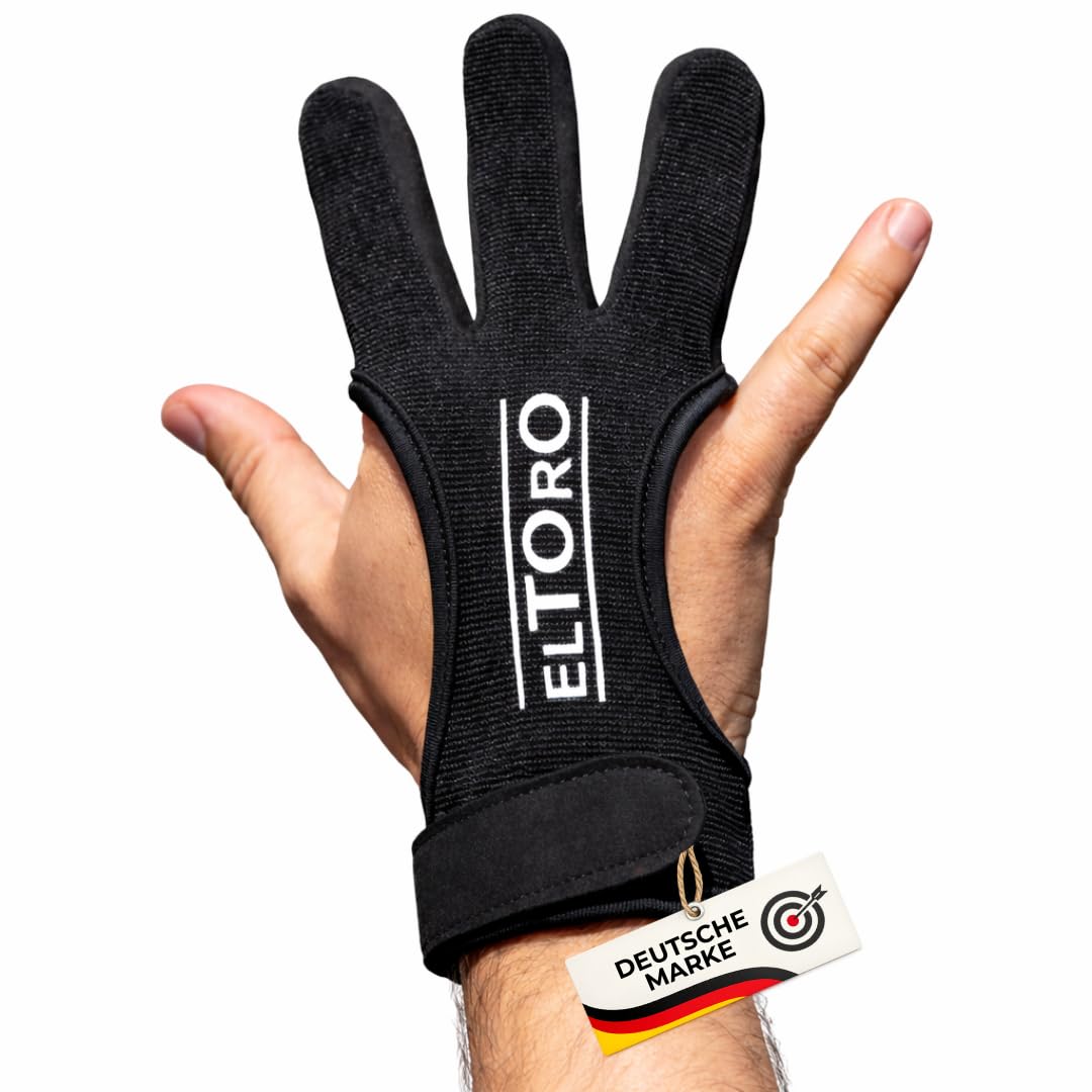elToro Traditioneller 3-Finger Schießhandschuh aus Polyester und Leder – Fingerschutz für Bogenschießen – Verstellbarer Klettverschluss, atmungsaktiv, für rechte und Linke Hand (XL)