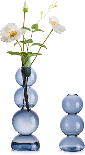 Hewory Small Glass Bubble Vase for Flower: 2PCS Light Blue Single Stem Vase | Funky Centerpiece for Table, Mantle, Skinny, Aesthetic, Single, Round, Unique Cute Groovy Decor for Home, LivingRoom, Bedroom