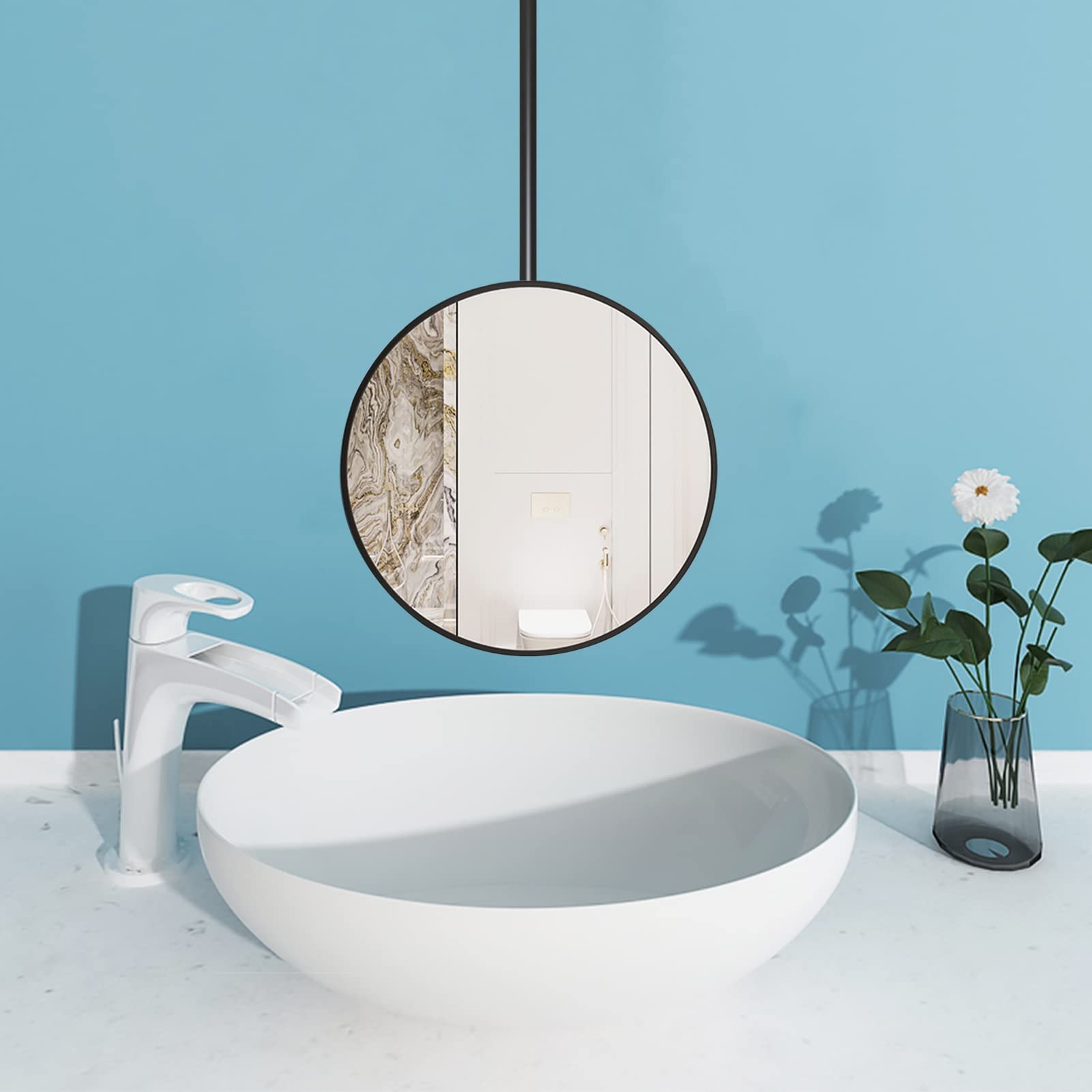 Specchio da Parete con Cornice, Specchio cosmetico Galleggiante da Bagno, Specchio Rotondo sospeso a soffitto con Struttura in Metallo Nero e Ingresso Bagno con Braccio S