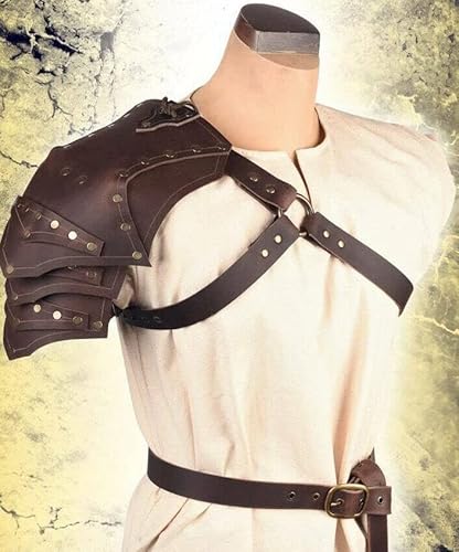 Leder Larp Pauldrons Rüstung Mittelalter und Schulter Cosplay Set Pauldron Harness Wikinger Barbarian Kostüm Halloween Samurai Geschenk Valknut Fantasie, braun Cover