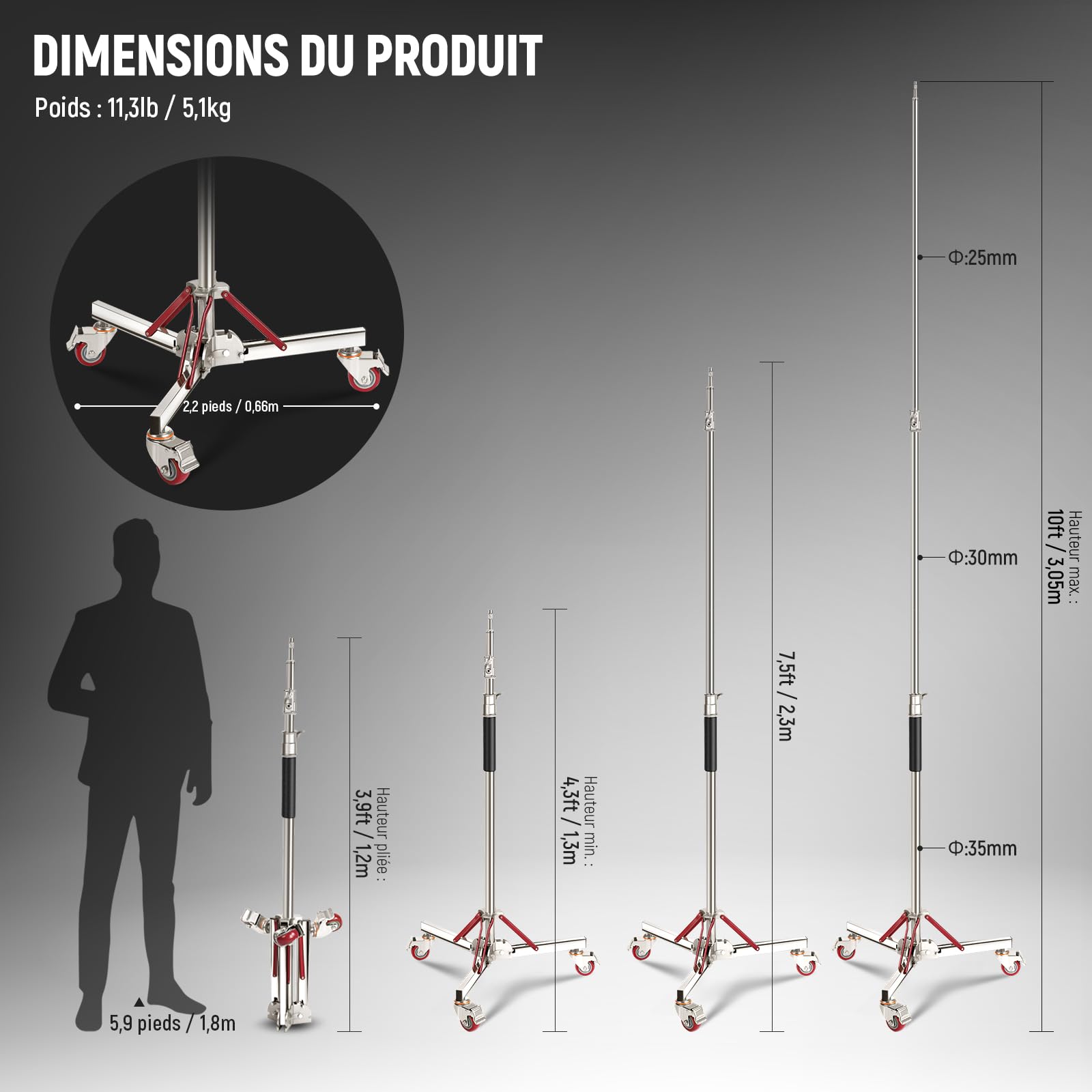 Neewer SC305AW Support d'éclairage Robuste à Coussin d'air avec roulettes, trépied réglable, Support à roulettes en Acier Inoxydable pour Flash de Studio, boîte à lumière, réflecteur monolight