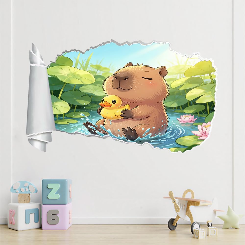 3D Wandtattoo Wanddurchbruch, Wasserschwein-Gummiente Durchbruch Wandaufkleber für Kinderzimmer, sticker für Wohnzimmer, Lotusblattsee Wandsticker, Wandbild Junge Mädchen Schlafzimmer