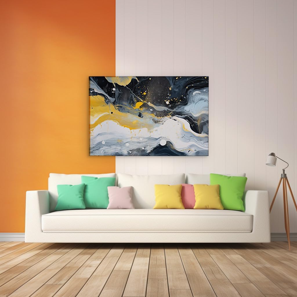 Canvas for Living room. Dynamic Contrasts in Motion Abstract Energy Unleashed Through Bold Black, White, and Yellow Palette, 27 x 18 inch Canvas Wall Art - Modern Home Decor - 69x46 cm (27x18 inch)