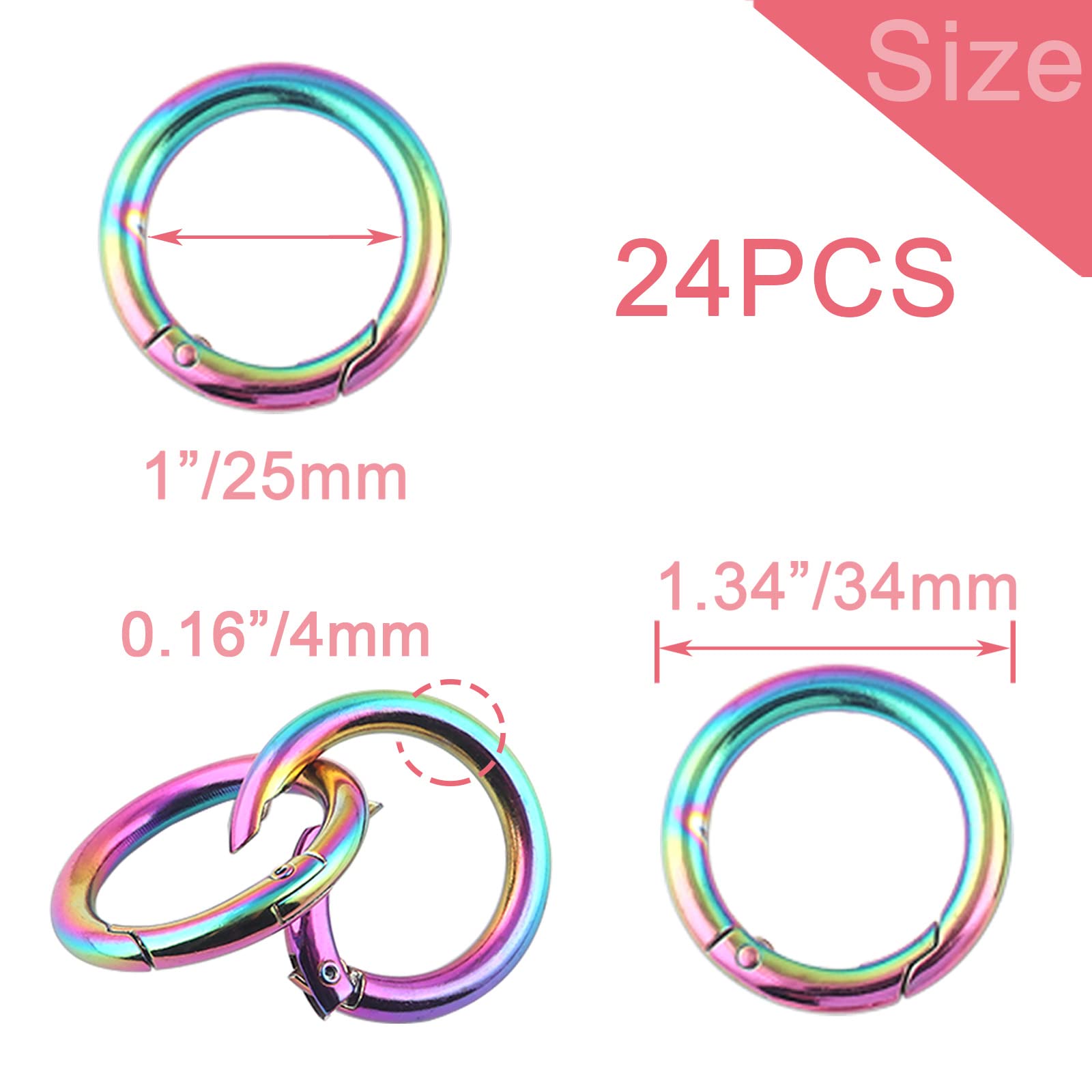 Rainbow Spring O Rings Spring Snap Clip Hooks Trigger Buckle Connector Metal Split Rings for Keychain Bag Purse Accessories 24pcs