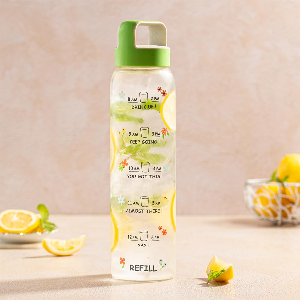 Borosil Neo Motivational Time Marker Glass Water Bottle with Green Husk Lid | 1000 ml, Borosilicate Glass, Extreme Temperature Resistant, For Hot & Cold | Bottle for Milk, Lassi, Juice | AM PM Bottle (B0D8JC41H6) Amazon Price History, Amazon Price Tracker
