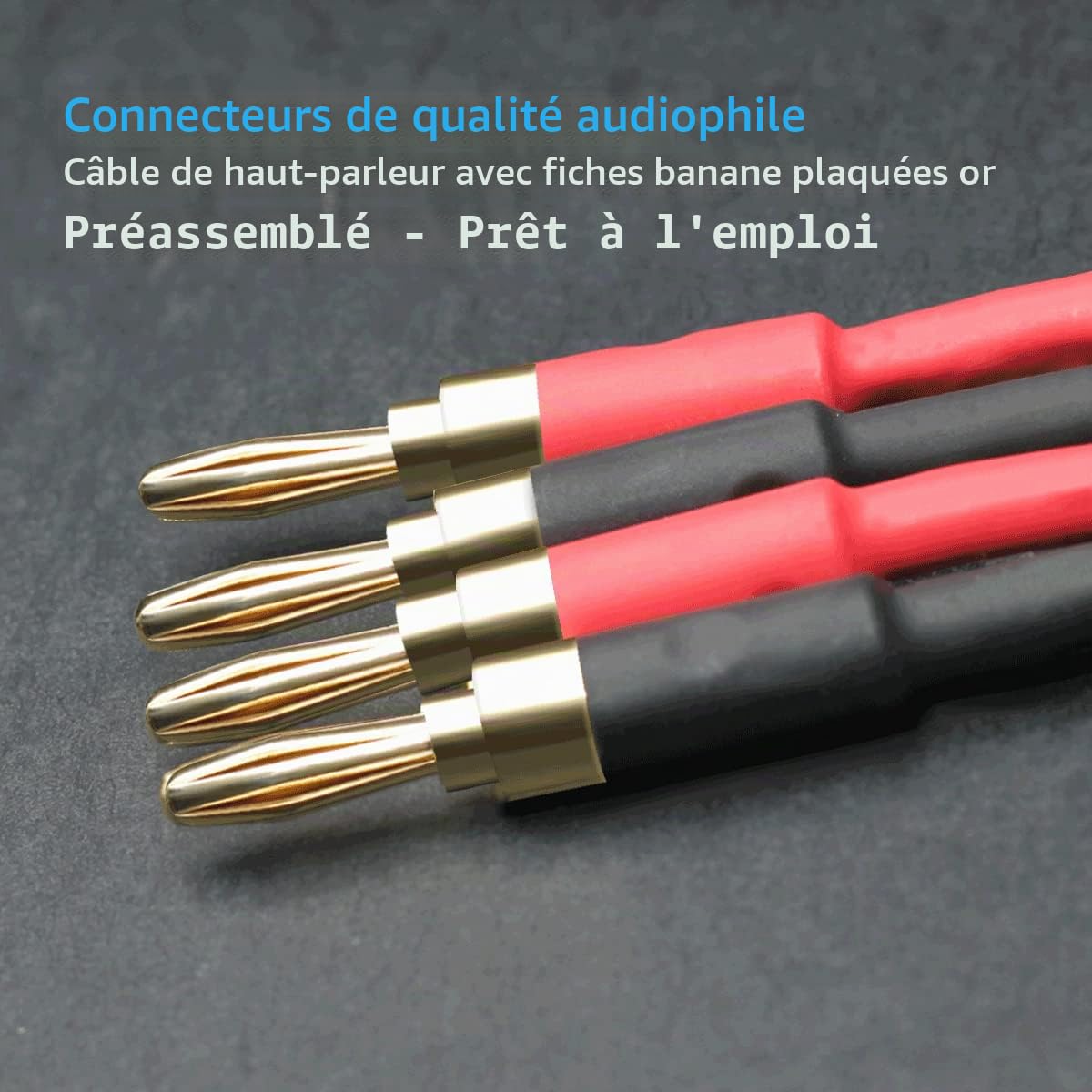 Lot de 2 câbles d'enceinte de qualité audiophile 13 AWG avec double embouts banane pré-connectés plaqués or, fiche banane mâle vers mâle (4 m)