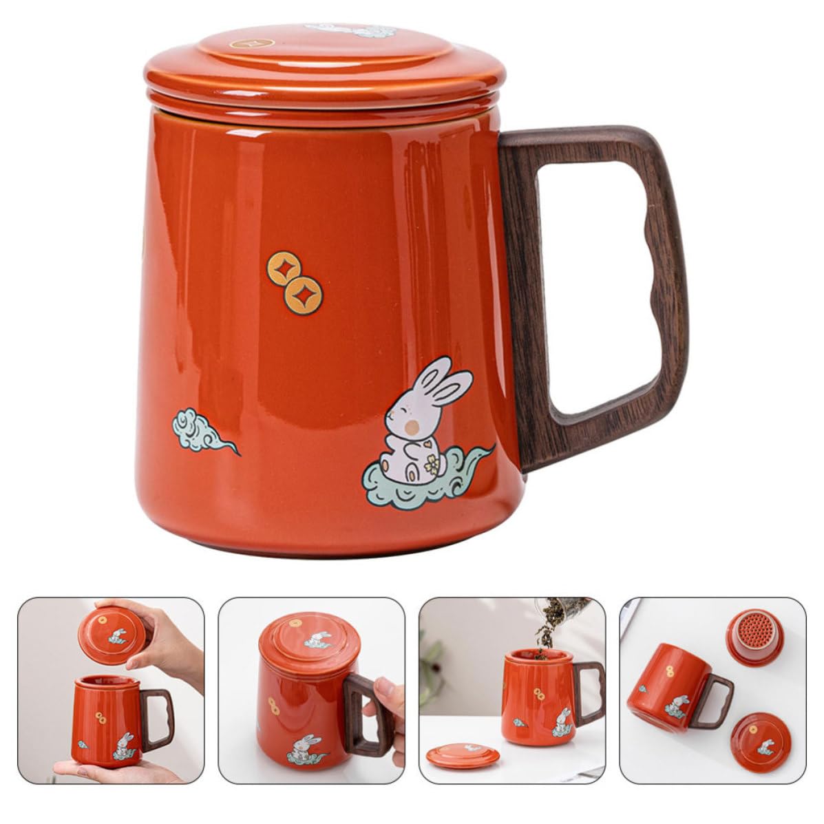 Tazza in Ceramica 400ml con Infusore e Coperchio Rosso