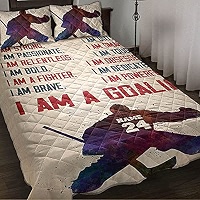 LANDAXA Custom Hockey Quilt Bedding Set - 3 Piece Goalie Quilt With Pillowcases, Personalized Name & Number, Queen Size