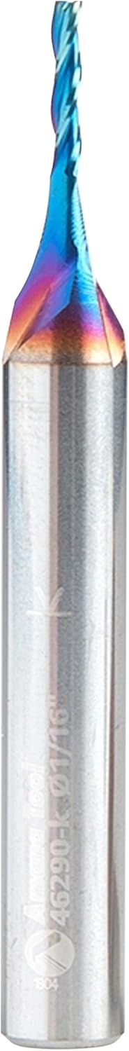 Amana Tool Up Cut Solid Carbide Spiral 2D/3D Carving Router Bit, 46290-K, Flat Bottom 0.10 Deg A x 1/16 D x 5/16 x 1/4 Shank x 2” Long x 3 Flute