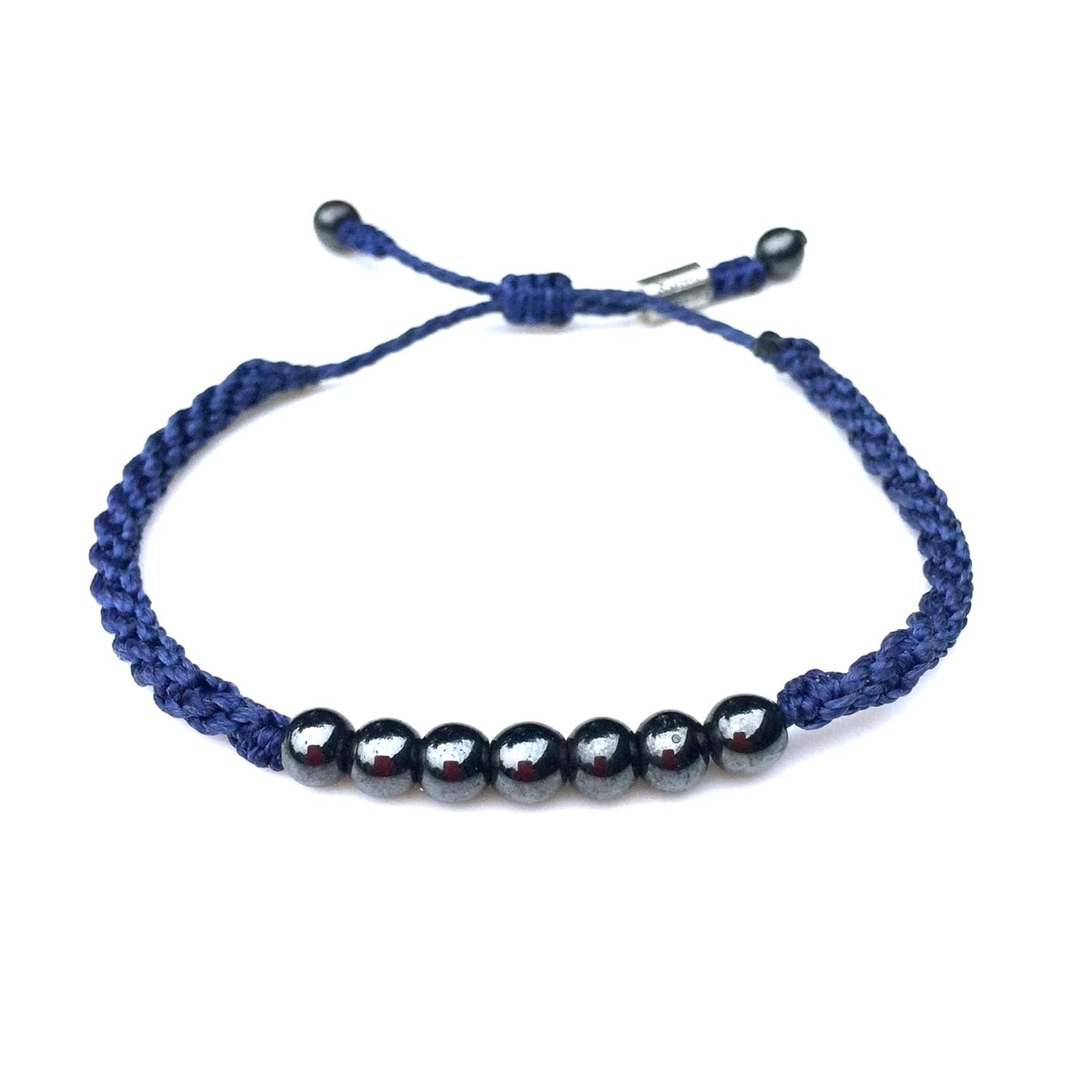 Indigo Blue Beaded Friendship Bracelet with Lucky 7 Hematite Stones for Men and Women - Handmade Macrame Knot Sailor Surfer Rope Bracelets by Rumi Sumaq