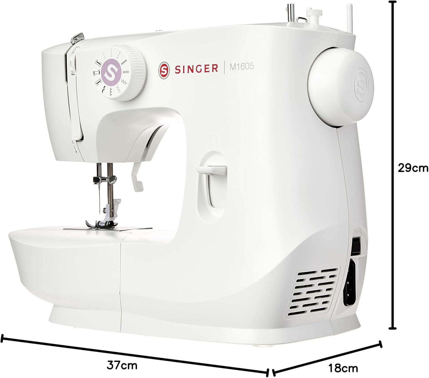 Dimensions of the Singer M1605 sewing machine: 37cm width, 18cm depth, 29cm height