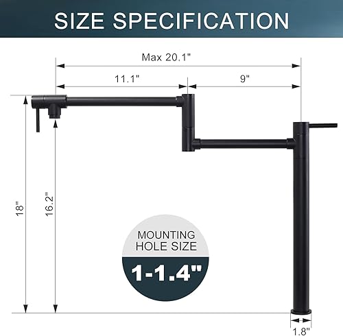 Miniatura 5 de WOWOW Pot Filler - Grifo de estufa de montaje en cubierta, latón macizo negro mate plegable para cocina con brazo oscilante elástico de doble junta